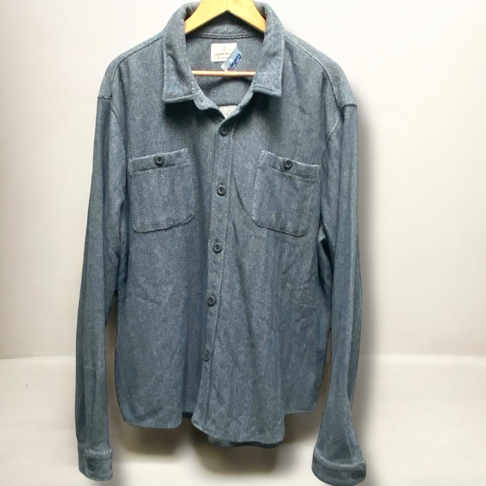 Men’s Mutual Weave Blue & White‎ Herringbone Pattern Button-down Knit Shirt